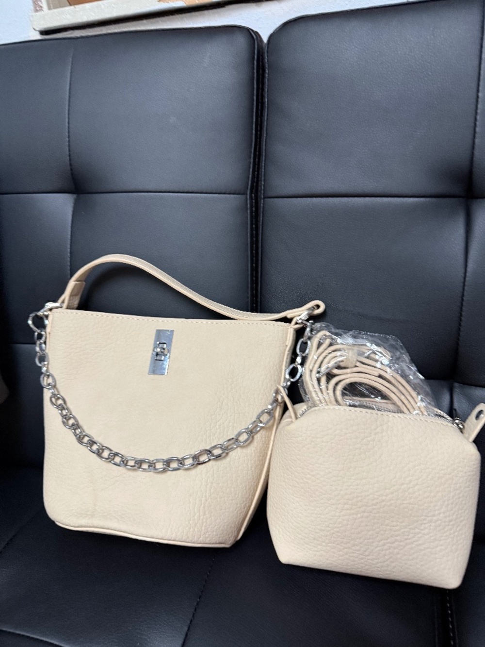 Beige 2 Piece Bucket Handbag Set Chain Crossbody Purse